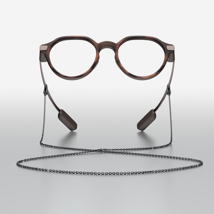 Even Realities Even G2 Brown 2 smart glasses with tortoiseshell-inspired round frame and gunmetal stainless steel chain accessory.