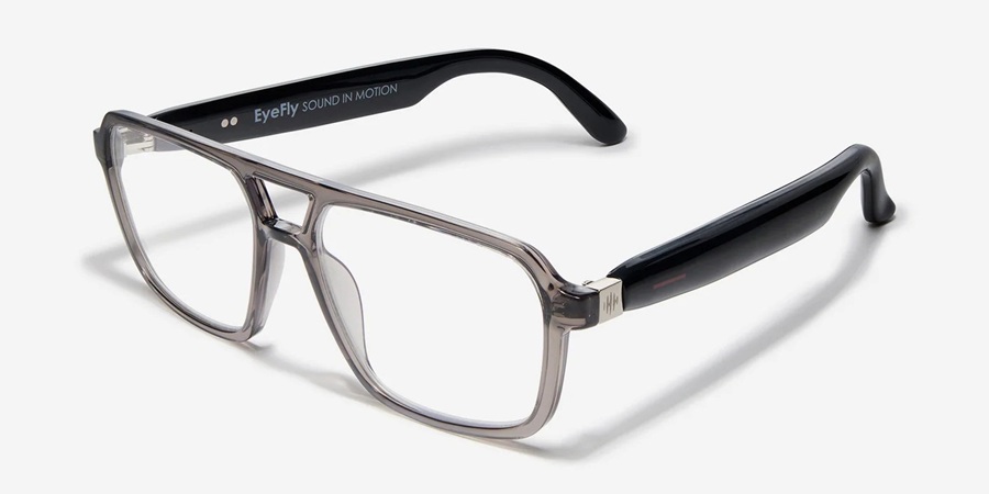 EyeFly Axis smart audio glasses in transparent smoke aviator frame with black audio temples