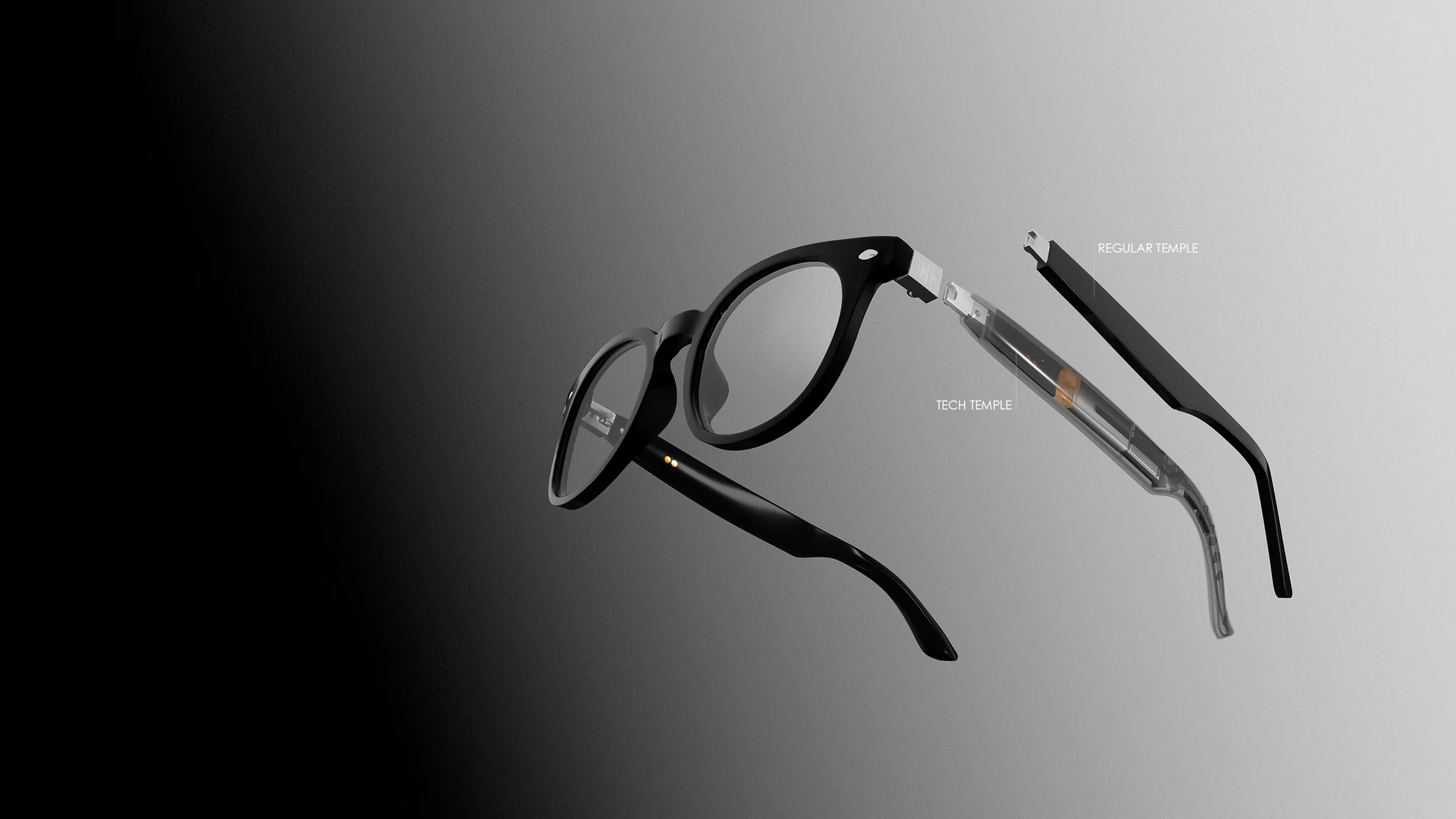EyeFly smart glasses modular design showing interchangeable tech temple with audio components and regular temple options