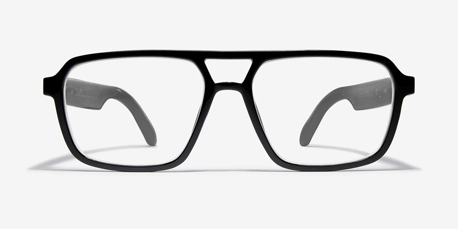 Vue de face des lunettes intelligentes EyeFly Axis noires style aviateur avec double pont et verres clairs
