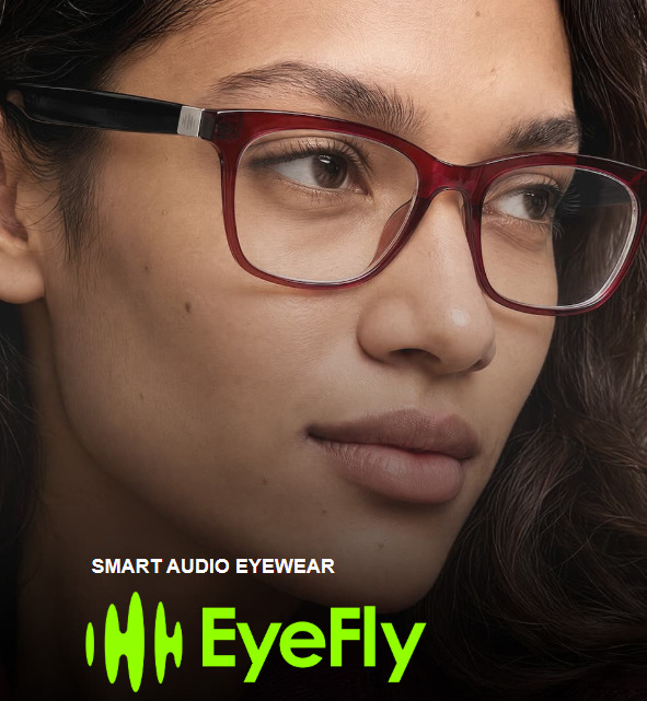 Woman wearing burgundy EyeFly Nova smart audio eyewear with open-ear audio, next to the EyeFly logo