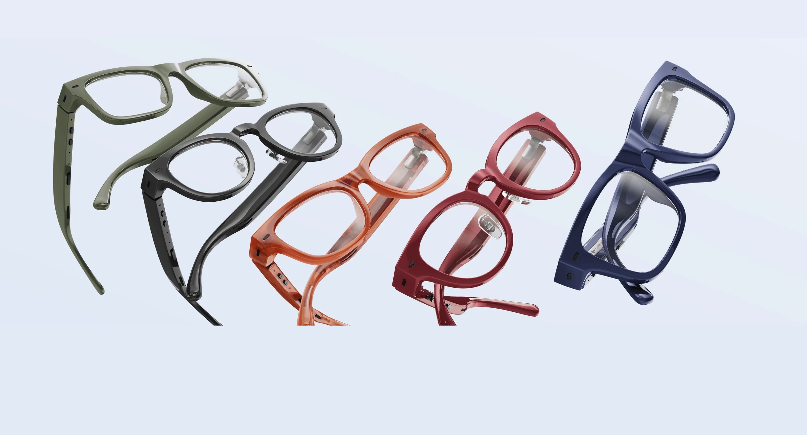 Collection de lunettes auditives Nuance Audio Plus prÃ©sentÃ©es en plusieurs coloris de montures : vert, noir, orange, bordeaux et bleu