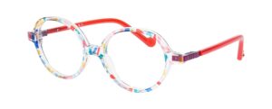 Three-quarter angle view of Karavan Kids ZIGZAG 47 VR kids eyeglasses featuring red temples