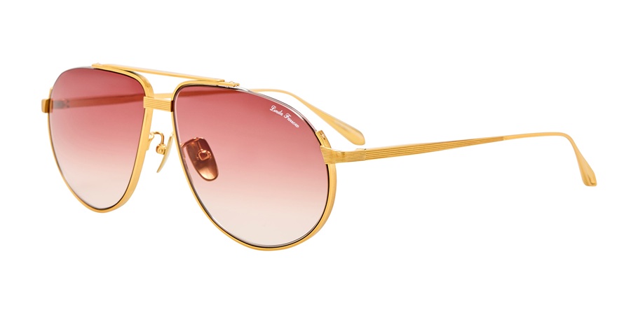Lunettes de soleil aviateur LINDA FARROW Stevie avec monture double pont en or jaune 22k et verres dégradés rouges.