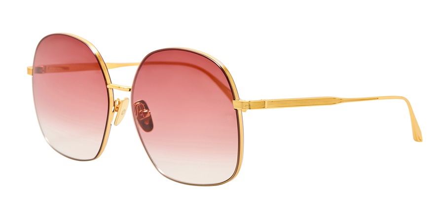 YELLOW GOLD RED GRADIENT (3).jpg: LINDA FARROW Suki oversized round sunglasses in 22K yellow gold titanium with scarlet gradient lenses.