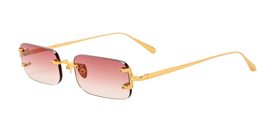 LINDA FARROW Taylor rimless rectangular sunglasses in 22K yellow gold with red gradient lenses.