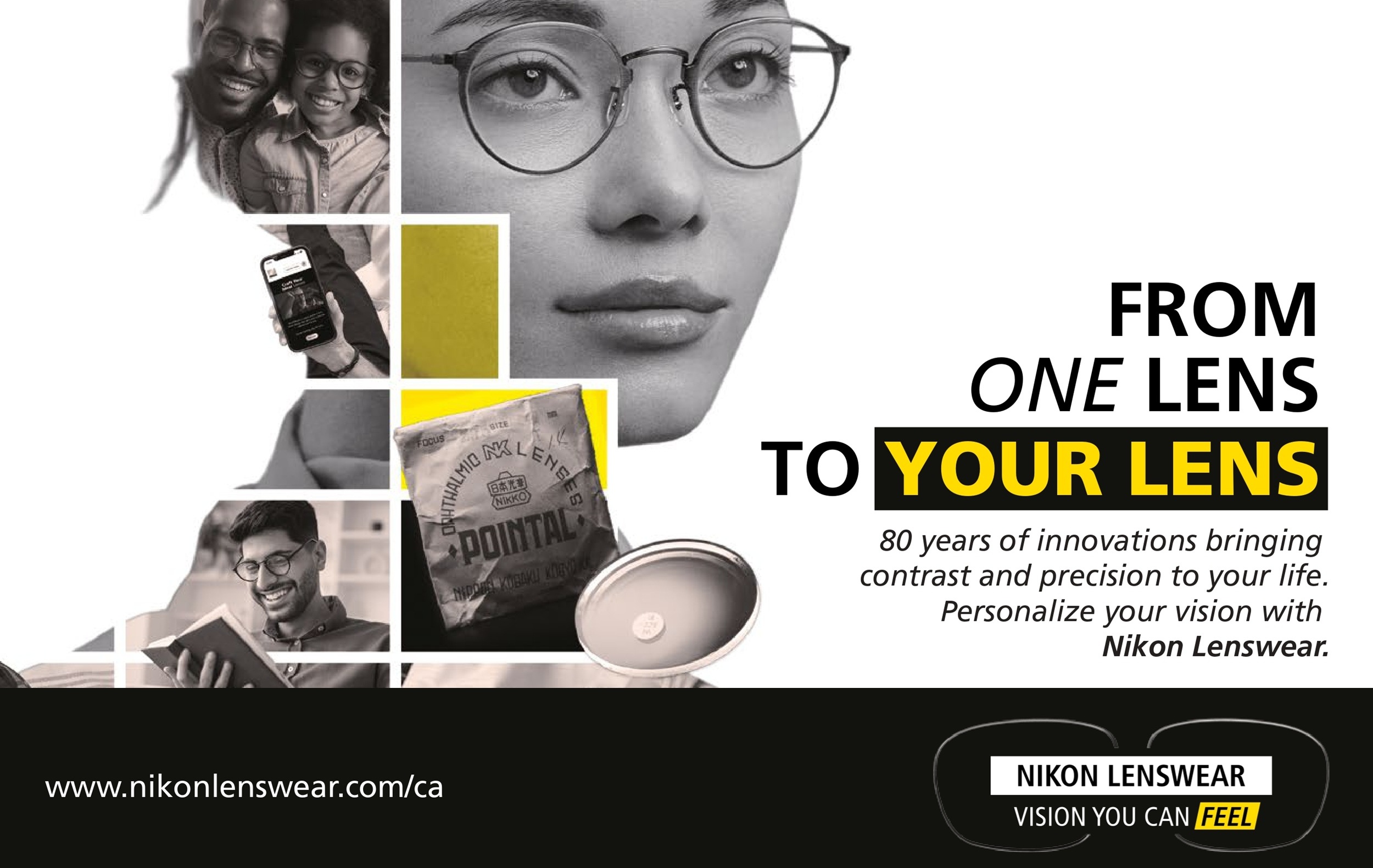 Nikon Lenswear 80th Anniversary poster featuring a silhouette collage of people wearing glasses, the vintage Pointal lens packaging, and the headline 'From One Lens to Your Lens