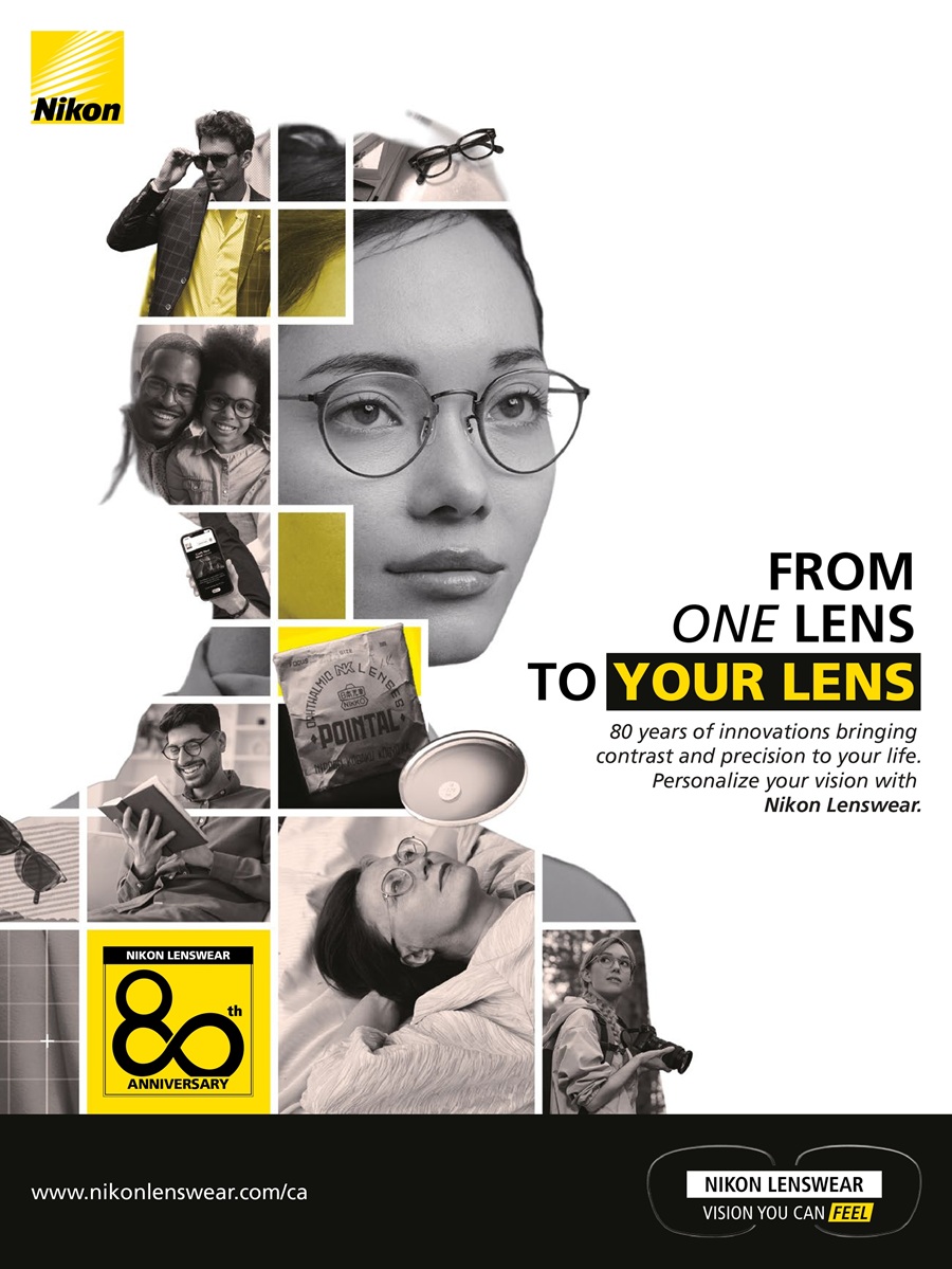 Nikon Lenswear 80th Anniversary poster featuring a silhouette collage of people wearing glasses, the vintage Pointal lens packaging, and the headline 'From One Lens to Your Lens