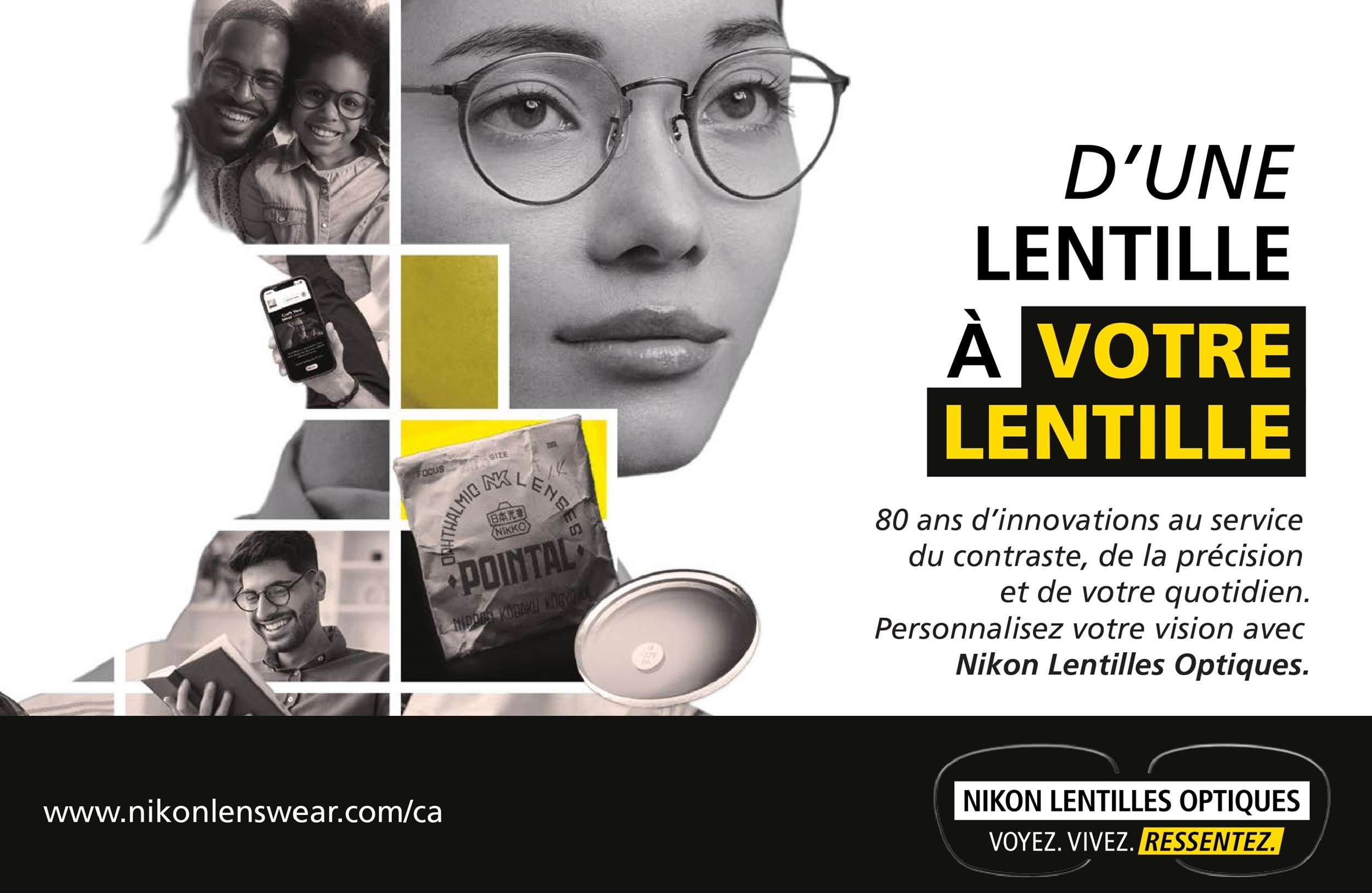 Affiche du 80e anniversaire de Nikon Lentilles Optiques avec un collage en silhouette de personnes portant des lunettes, le packaging vintage de la lentille Pointal et le titre 'D'une lentille à votre lentille