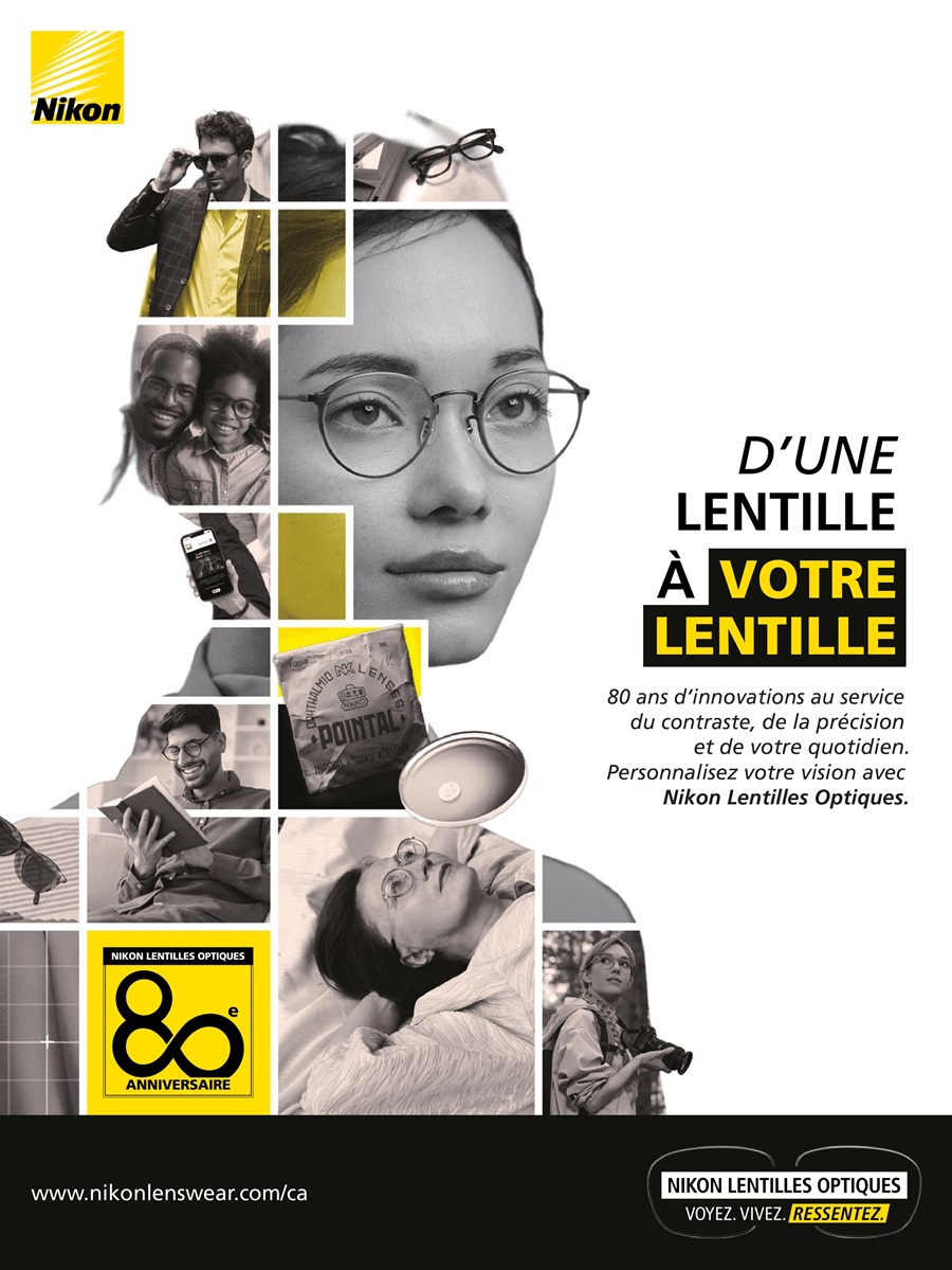 Affiche du 80e anniversaire de Nikon Lentilles Optiques avec un collage en silhouette de personnes portant des lunettes, le packaging vintage de la lentille Pointal et le titre 'D'une lentille à votre lentille