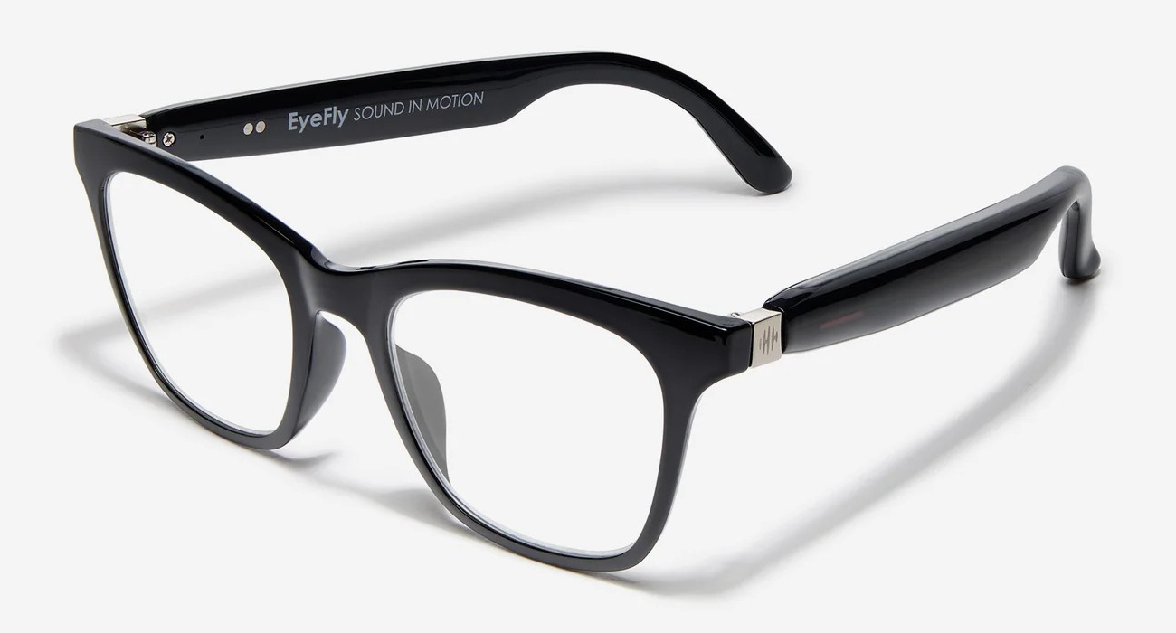 EyeFly Nova smart audio glasses in glossy black with a cat-eye frame and tech temples with built-in open-ear speakers