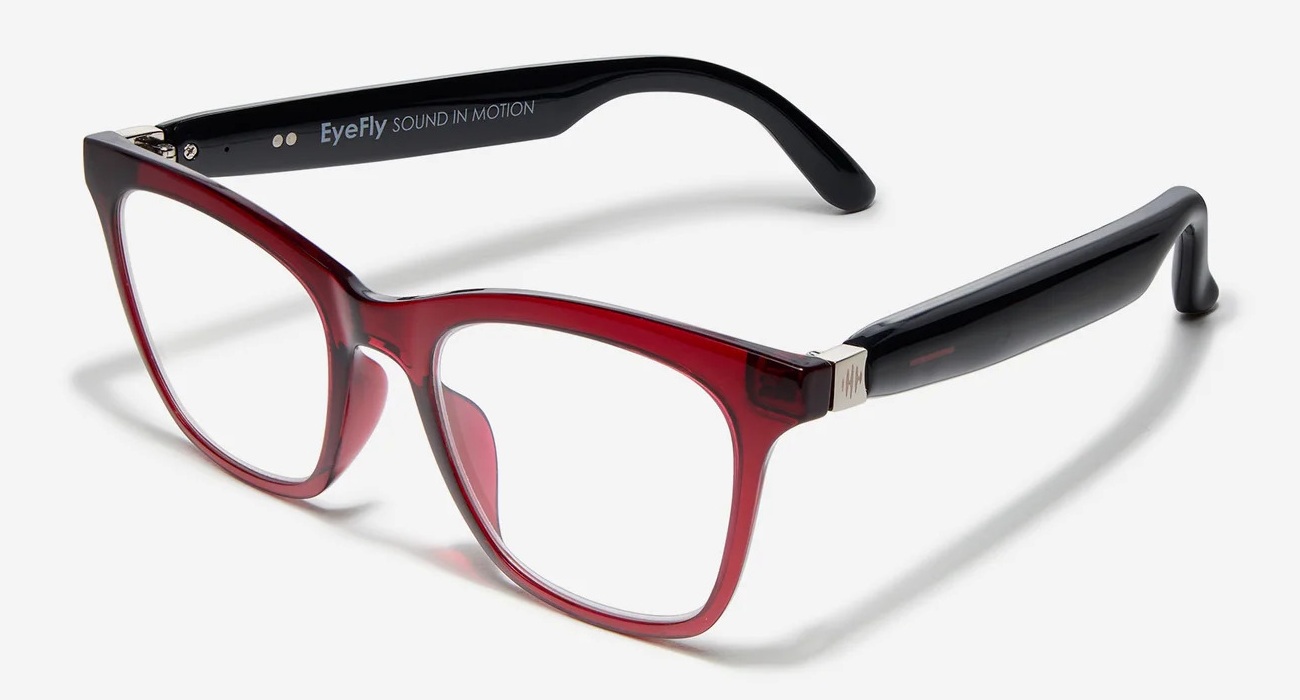 EyeFly Nova smart glasses in Burgundy with black audio temples and an upswept cat-eye shape