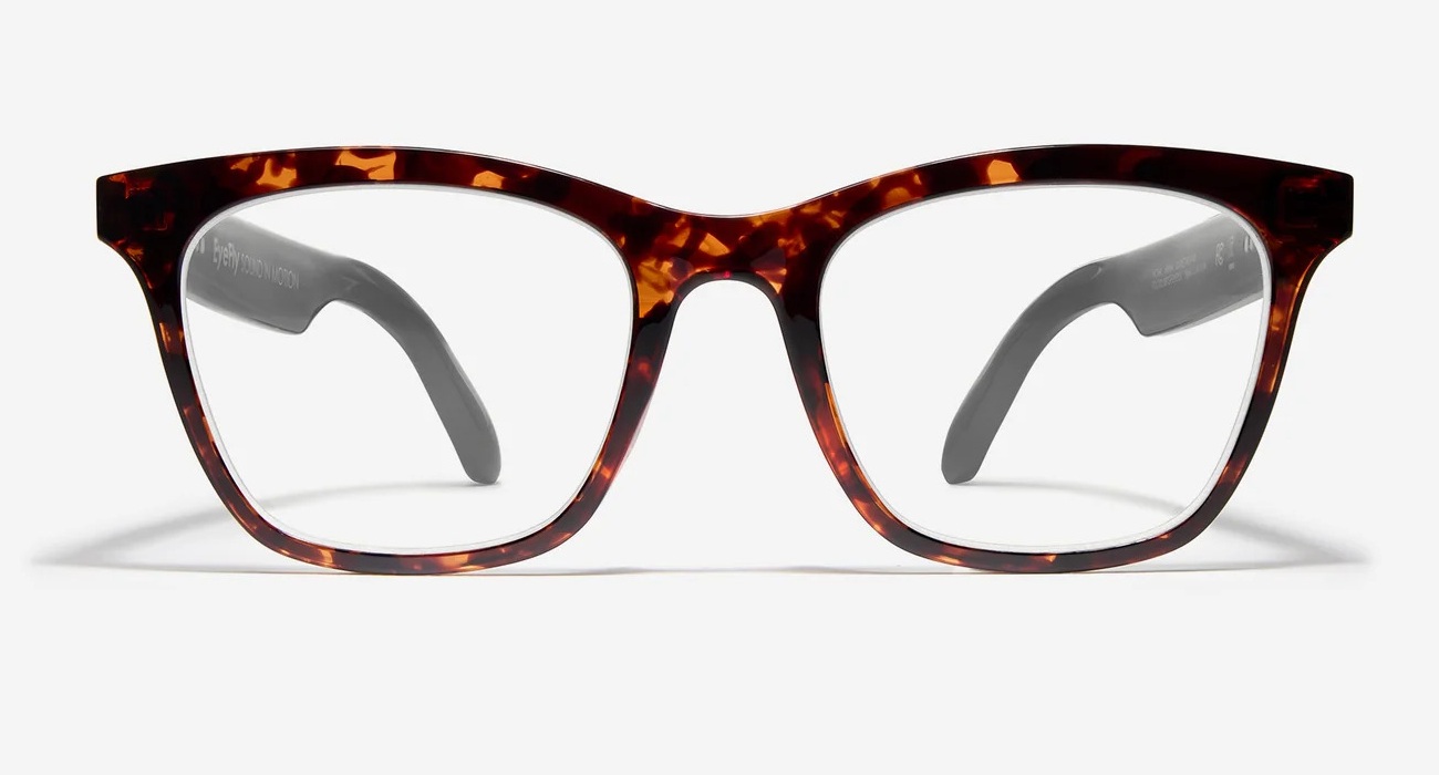 Front view of EyeFly Nova smart eyewear in Havana tortoiseshell with clear blue light lenses