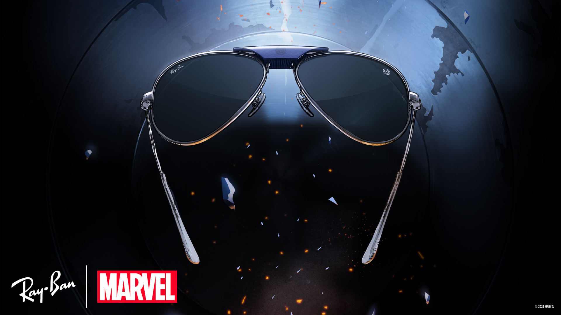 Lunettes de soleil Ray-Ban MARVEL Aviator Max inspirées de Captain America avec détails de bouclier sur fond sombre