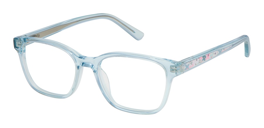 Superflex Kids SFK-346 girls light blue crystal eyeglasses with floral pattern temples.