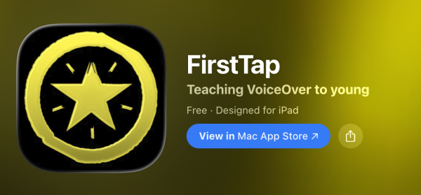 App Store listing for FirstTap, showing a yellow star icon on a black background and the subtitle "Teaching VoiceOver to young"