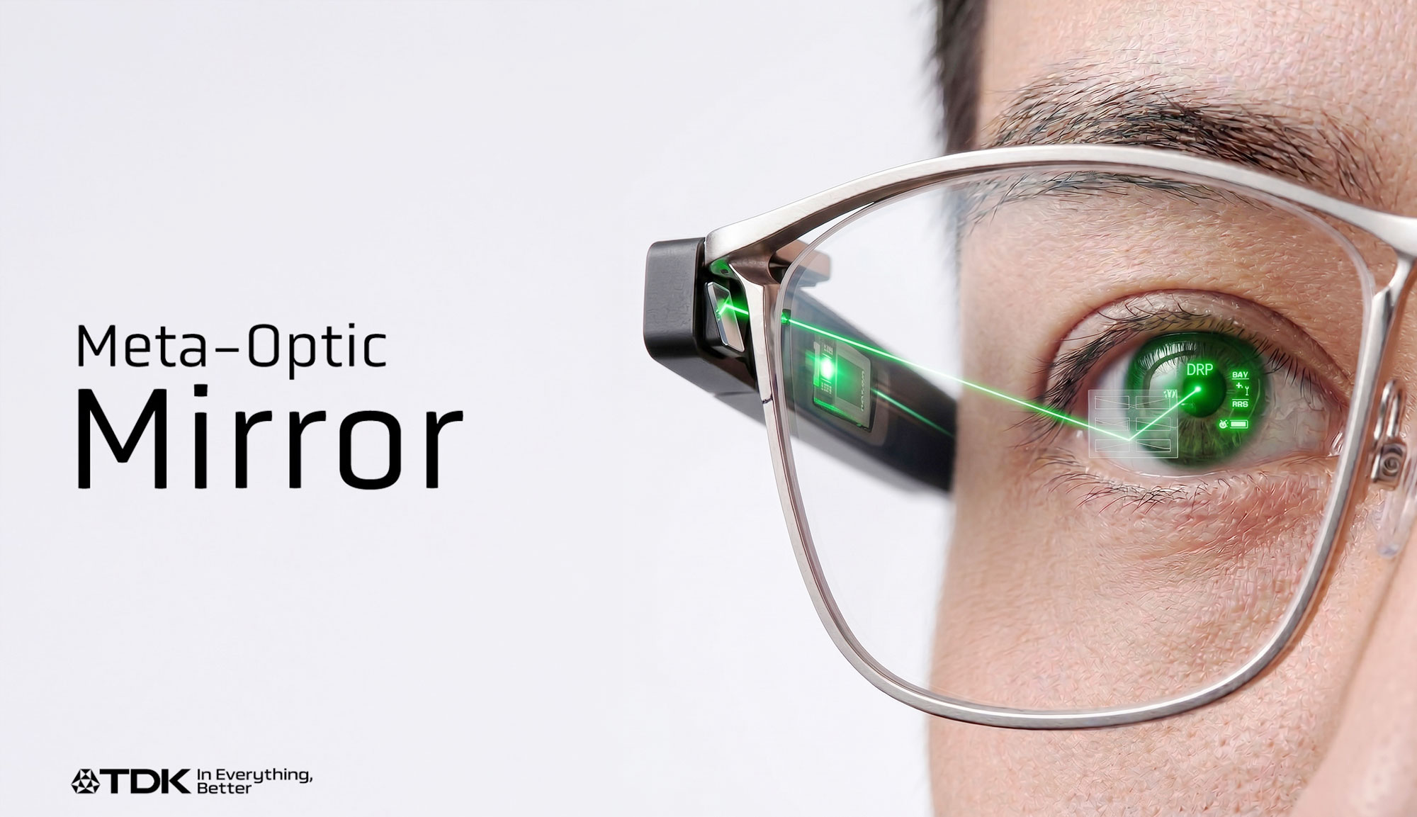 Close-up of smart glasses user experiencing green laser direct retinal projection via TDK Meta-Optic Mirror