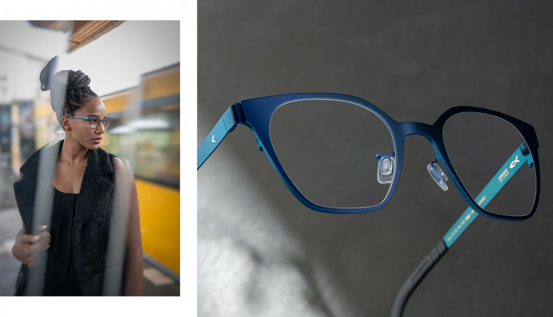 Close-up of matte blue Blackfin One titanium frame alongside a woman wearing blue eyeglasses