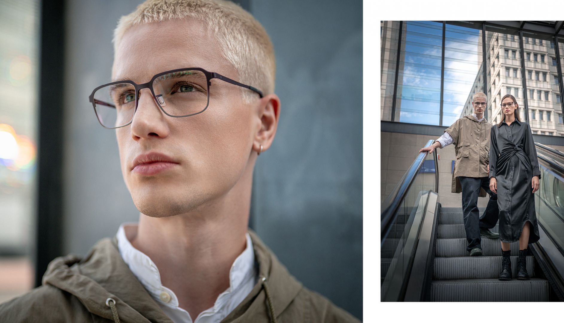 Man wearing Blackfin One squared titanium eyeglasses with a fashion model on an escalator