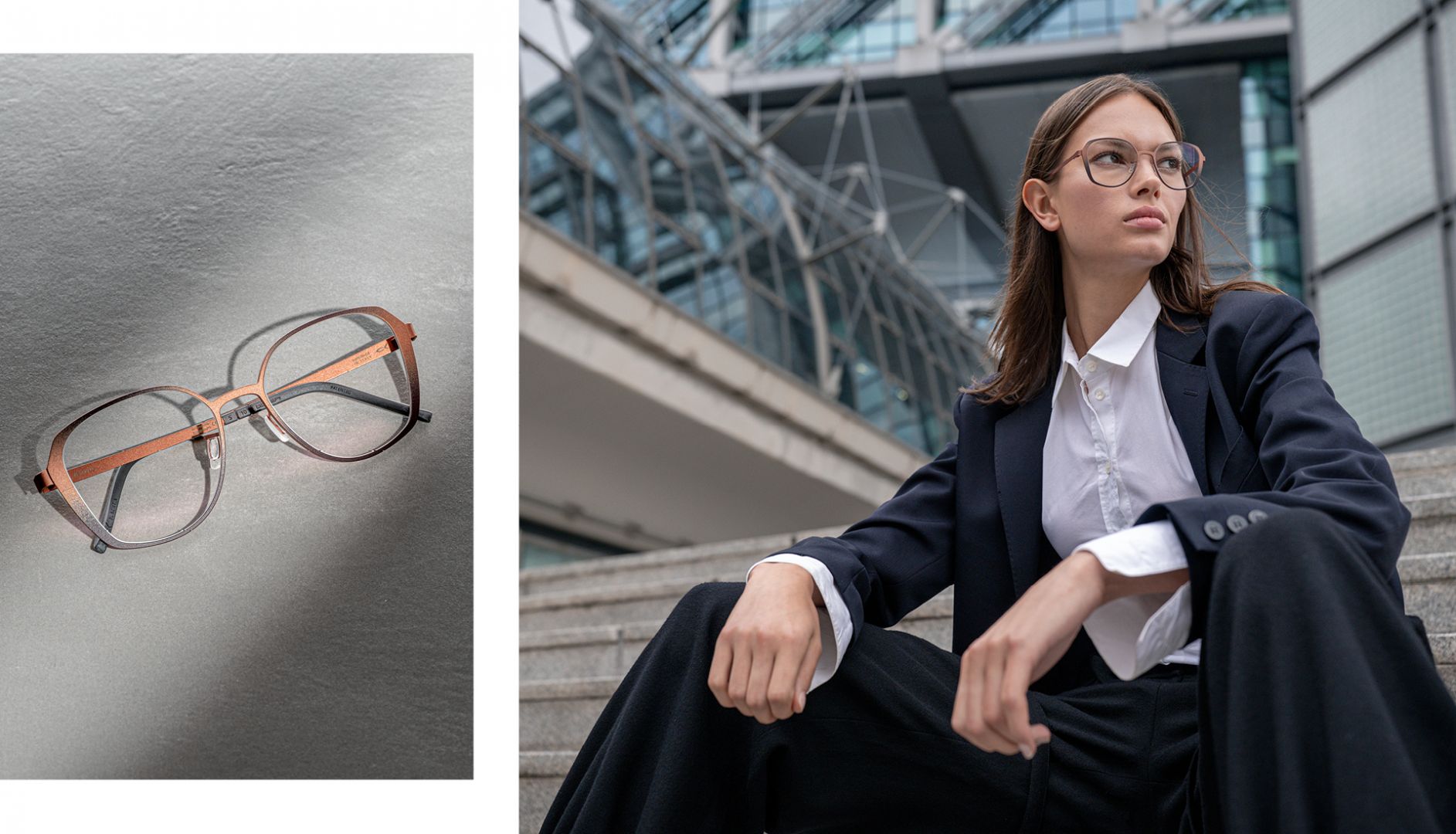 Woman in a suit wearing Blackfin One Lanai eyeglasses with gradient titanium frame detail