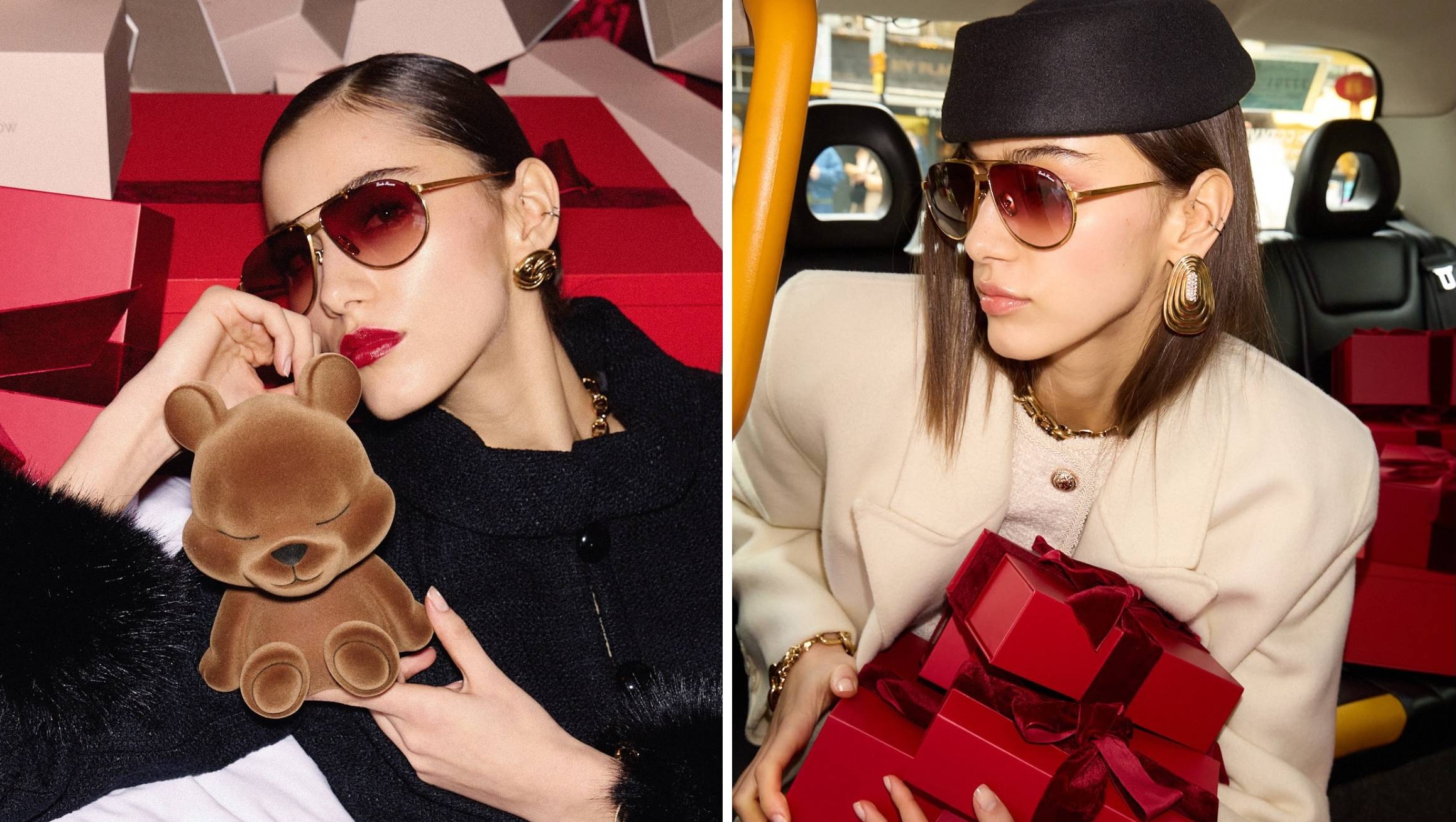 Mannequin portant des lunettes de soleil aviateur LINDA FARROW et tenant l'ours de Noël brun Sacha à côté de coffrets cadeaux rouges.