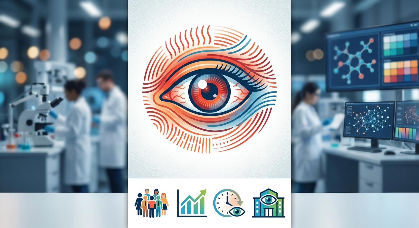 An graphic illustration of a human eye with inflamed red lines surrounded by stylized abstract patterns, medical laboratory backgrounds, and healthcare icons.